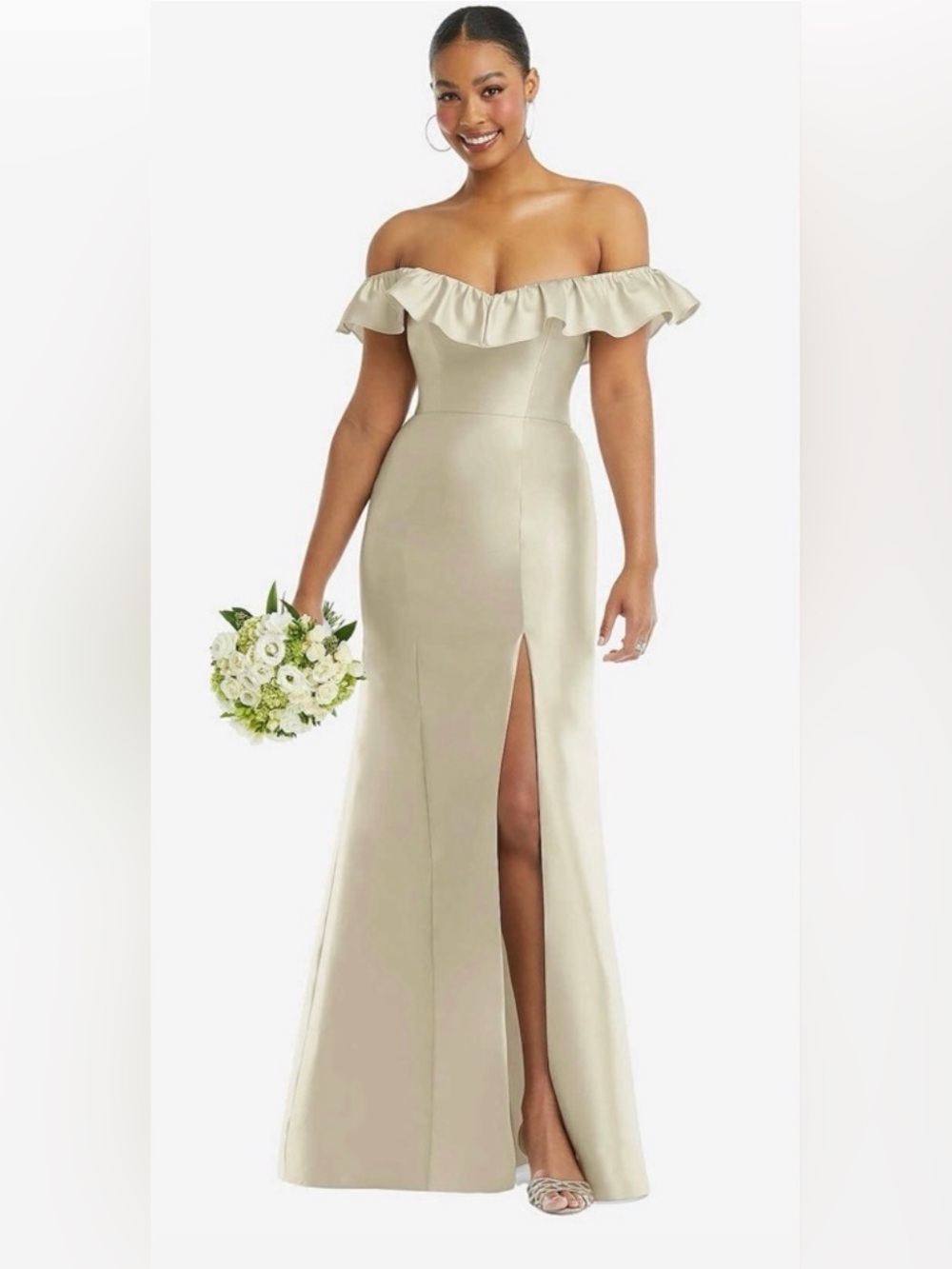 Alfred Sung Off the Shoulder Ruffle Neck Satin Trumpet Gown in Champagne - Picture 5 of 15